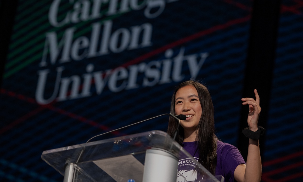 Woman giving a speech at CMU