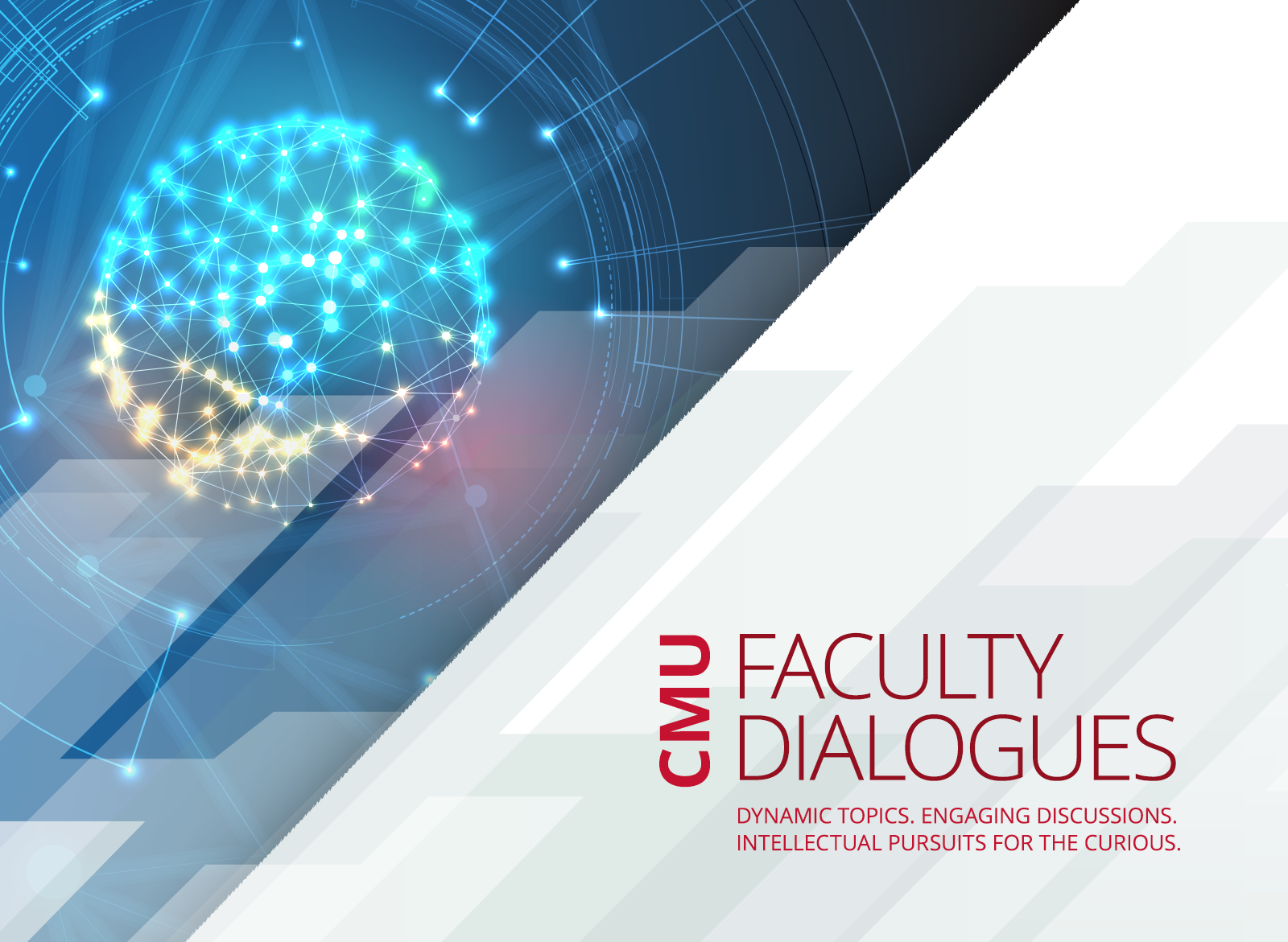 A globe made up of electronic connections is on a a field of blue with the title of the Faculty Dialogues events.