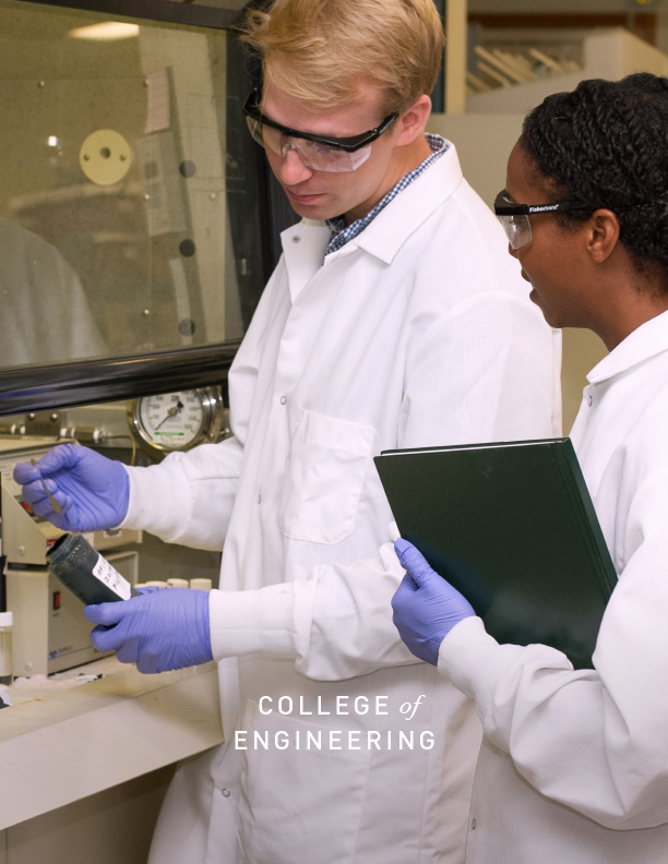 Two people in a lab from the cover of the College of Engineering case statement