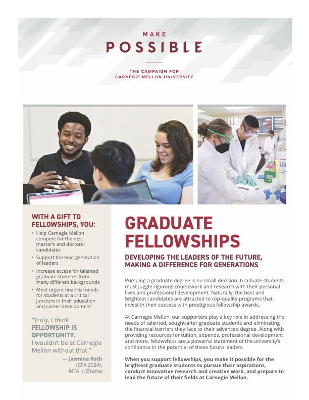 Front page of the Graduate Felllowships One Pager features text and photos of students in a classroom and in a lab.