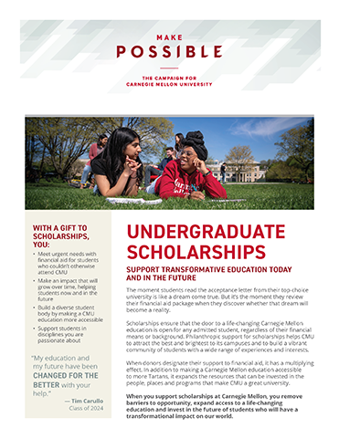 front page of the scholarship one pager; large text says Undergraduate Scholarships and photo at the top shows two female students laying on the grass on campus talking