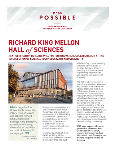 Front page of the Richard King Mellon Hall of Sciences Info Sheet has text and a rendering of the building.