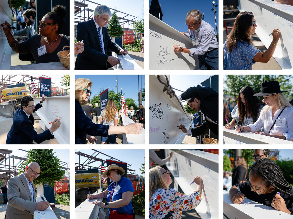 Grid of photos of individual people signing the beam