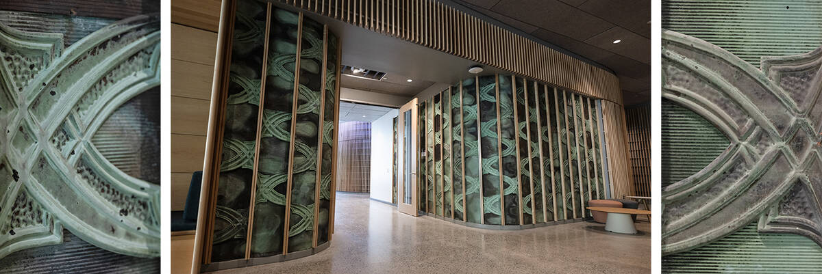 A triptych showing details of the salvaged copper fascia from North Gym and Thistle Hall roofs.